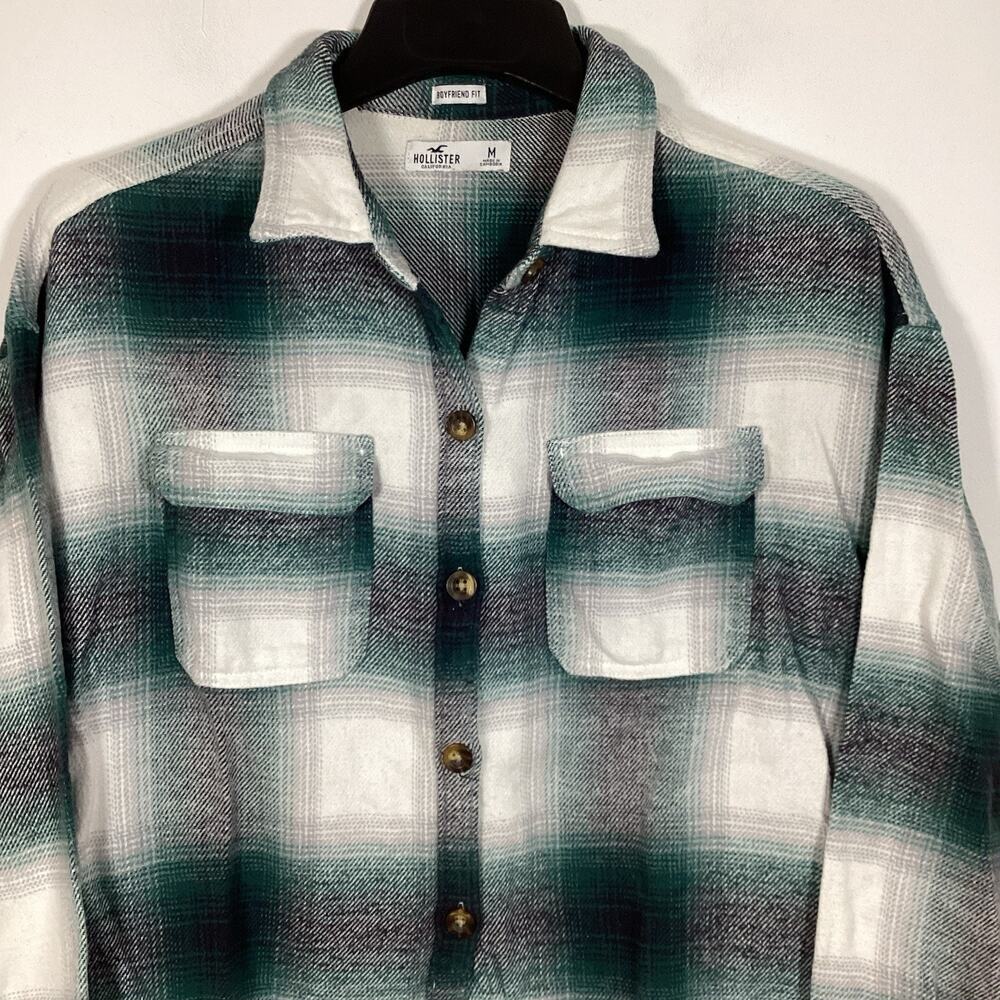 Hollister Shacket Flannel‎ Shirt Women's Medium Green Gray Plaid Boyfriend Fit - Picture 2 of 6